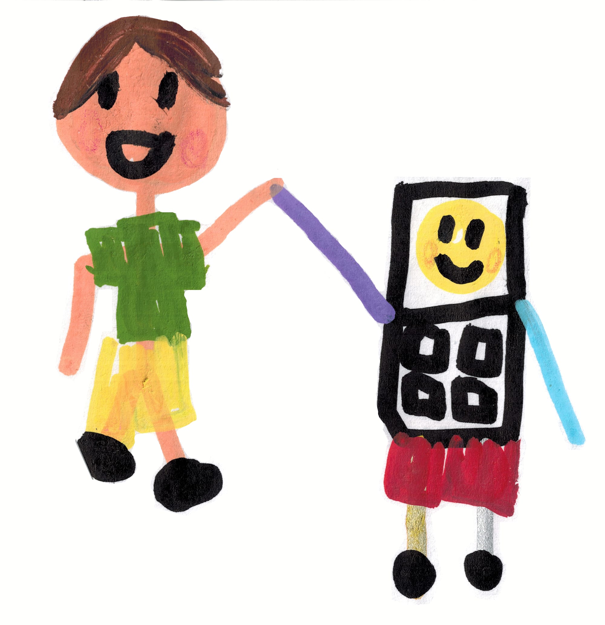 Drawing of a person (with shorts you can kind of see through) and a personified computer holding hands.